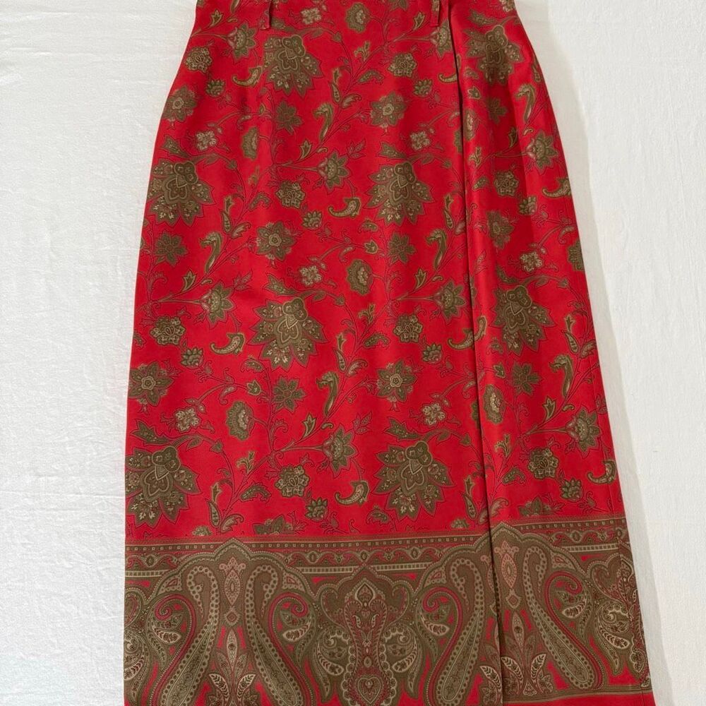 Vintage Jones New York Country | 100% Silk Wrap Skirt | Red Paisley Floral Borde